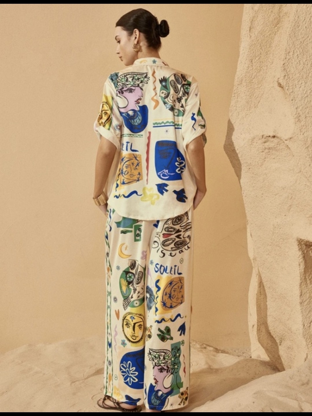 Commense Soleil Satin Set Graphic Short Sleeve Button Up Wide Leg Pants Small - Picture 3 of 15